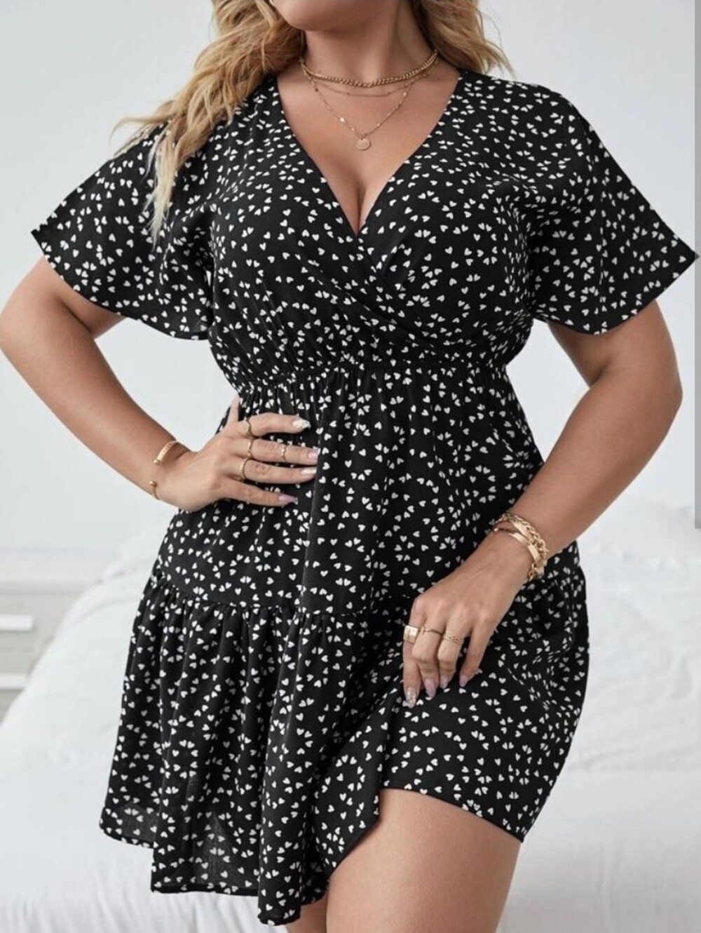 Navy Blue Surplice Front Heaet Print Dress 2XL